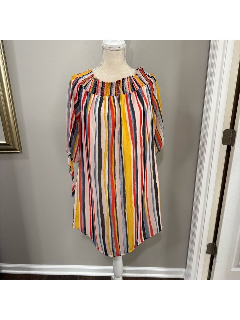 a.n.a Off-Shoulder Multicolor Dress.  Sheer sleeves. Size L